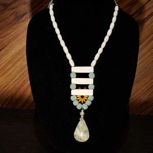 New Hand-Made Bone, Lava, Lucite & Agate Necklace